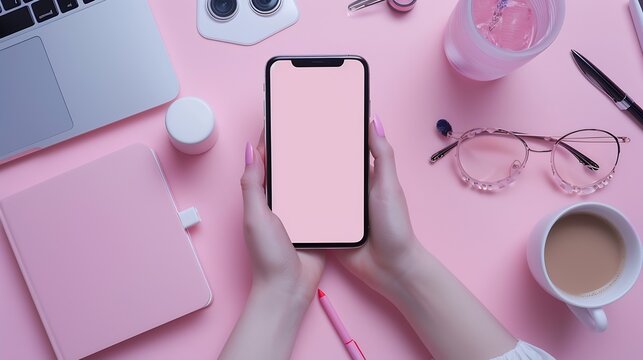 Feminine workspace with smartphone in female hands latte ice notebook spectacles nail polish and lipstick Flat lay top view : Generative AI