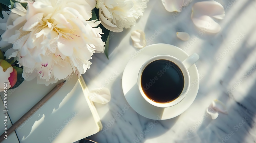Poster wedding background mockup flat lay coffee with notebook and peony flower : generative ai