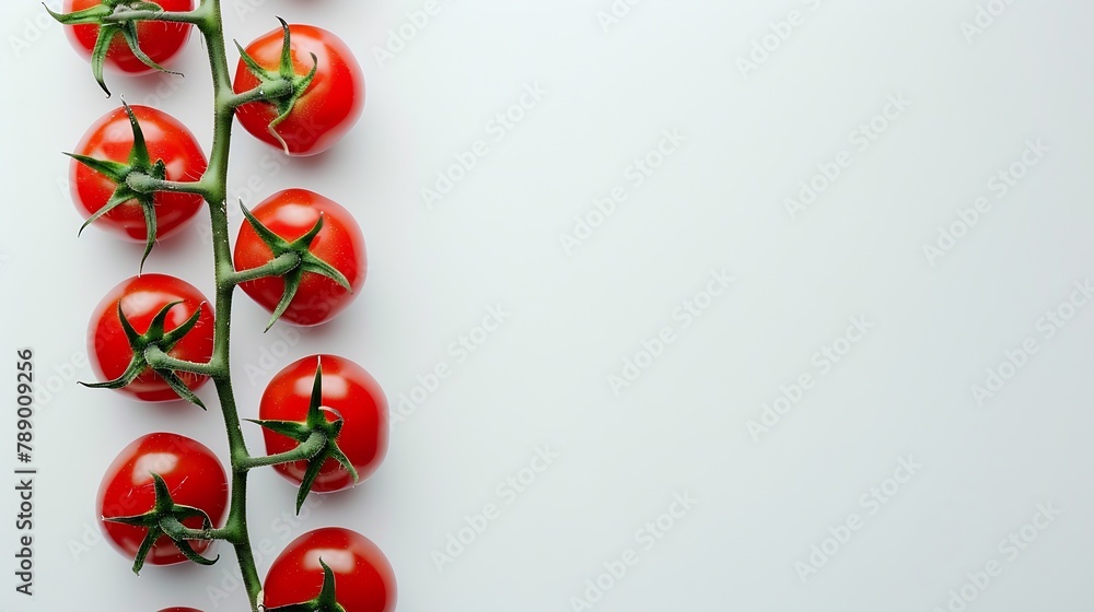 Poster flat lay composition with vine of ripe red tomatoes on white background : generative ai