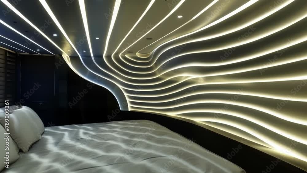 Poster a minimalist yet intricate lighting design within a yacht cabin with led strips integrated seamlessl