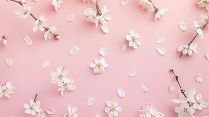 Spring floral background texture and wallpaper Flatlay of white almond blossom flowers over light pink background top view copy space Womens day holiday greeting card or wedding invita : Generative AI
