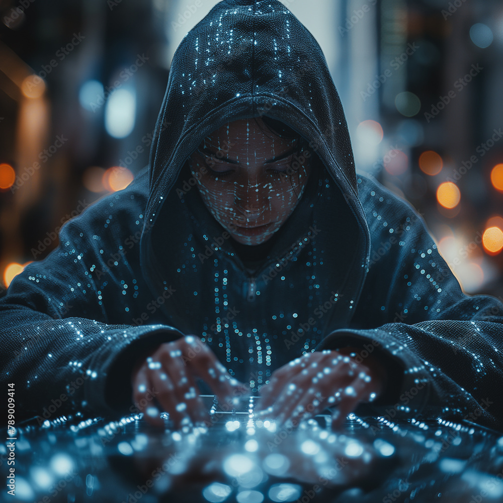 Aufkleber a person in a black hoodie sits at a table with glowing buttons. they have a digital mask on their f