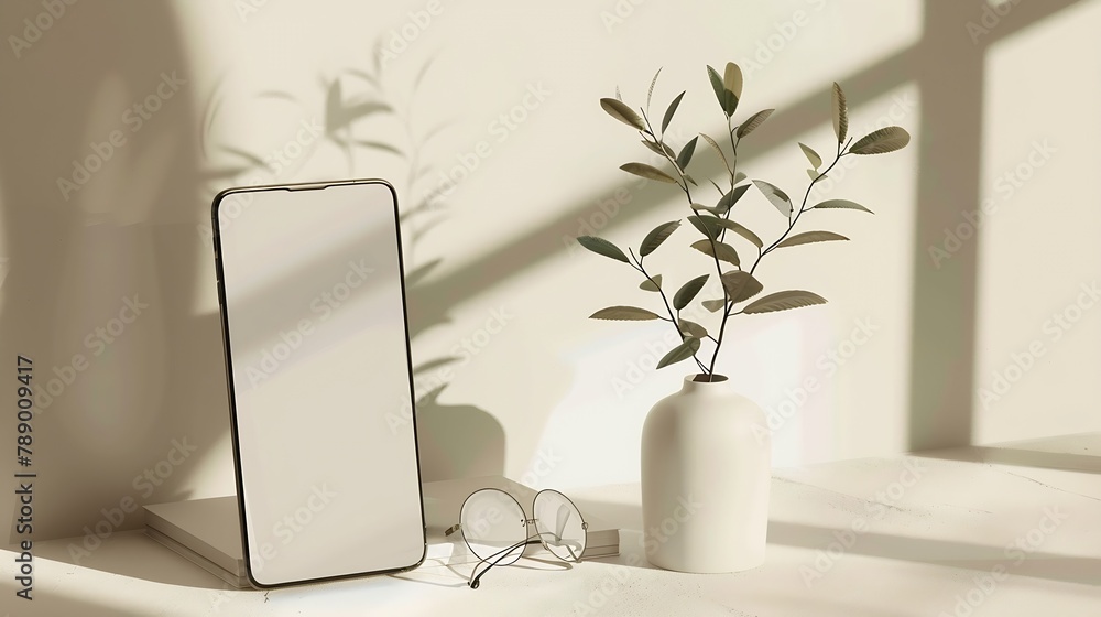 Poster mobile phone with empty screen mockup notebook glasses vase with foliage branch empty neutral beige 