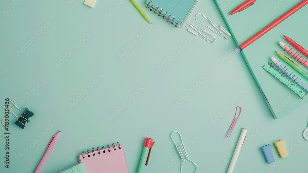 Aufkleber back to school background flat lay top view of school accessories notebook pens on isolated light gr