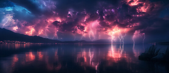amazing landscape panorama with thunderstorms and thunderbolt lightning in night sky in nature over...