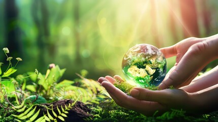 Ecological and environmental concept of hands protecting a globe of green tree on a tropical summer background ,Earth Day Grow Plant On Globe Glass In Green Forest, world environmental day
