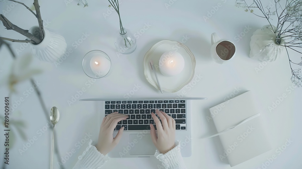 Poster workspace with laptop girls hands notebook sketchbook white vintage tray candlesticks on white backg
