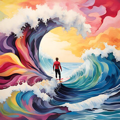 Surfer In The Colorful Wavy Sea Art Print
