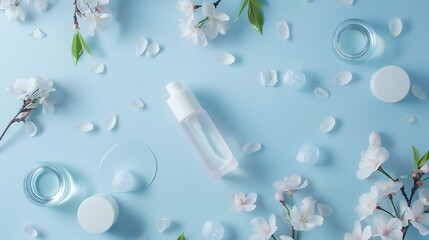 Beauty background with facial cosmetic products leaves and cherry blossom on pastel blue desktop background Modern spring skin care layout top view flat lay : Generative AI