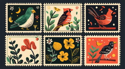 Set of Four postage stamps with animals birds flowers