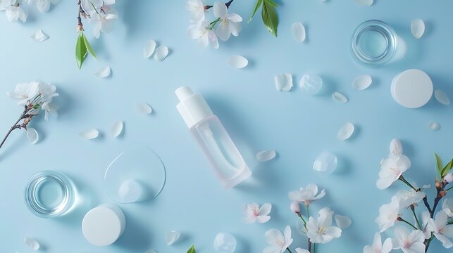 Beauty background with facial cosmetic products leaves and cherry blossom on pastel blue desktop background Modern spring skin care layout top view flat lay : Generative AI