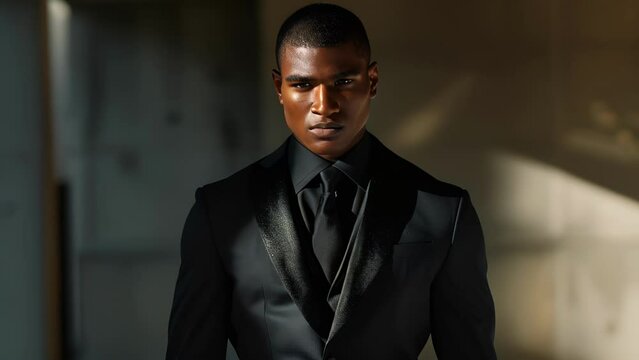 A powerful black man captured midstride on the catwalk exuding confidence and charisma in his sleek and tailored suit. His expression is one of determination and poise showcasing the .