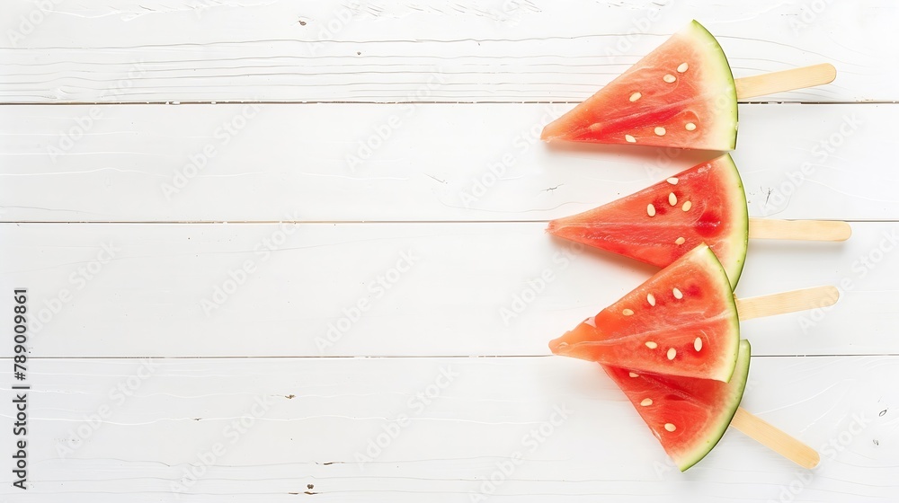 Aufkleber watermelon popsicle on wooden white background watermelon slices on sticks top view fat lay copy spa