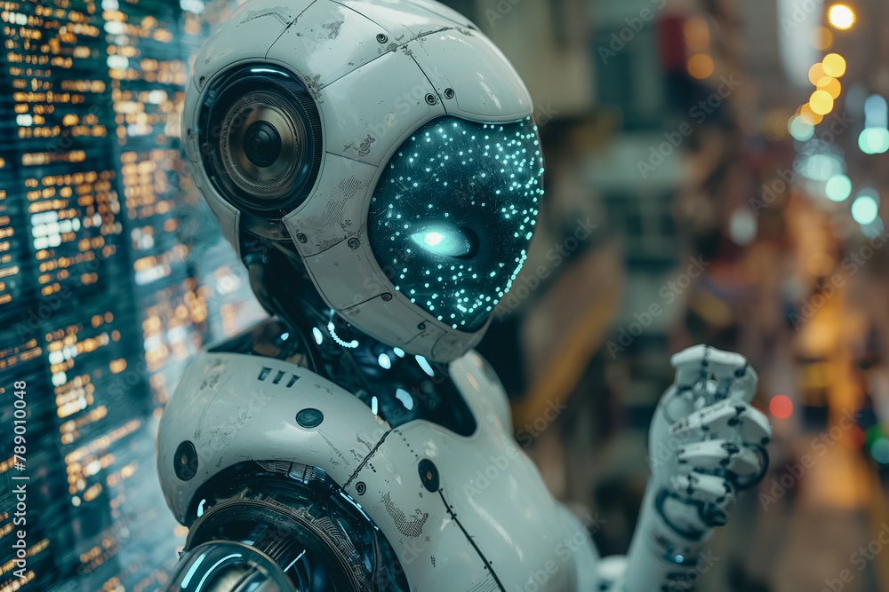 Poster a robot with a circuit brain and glowing eyes stands in front of a digital background.