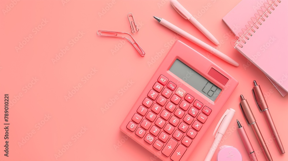 Aufkleber modern calculator with different stationery on pink background : generative ai
