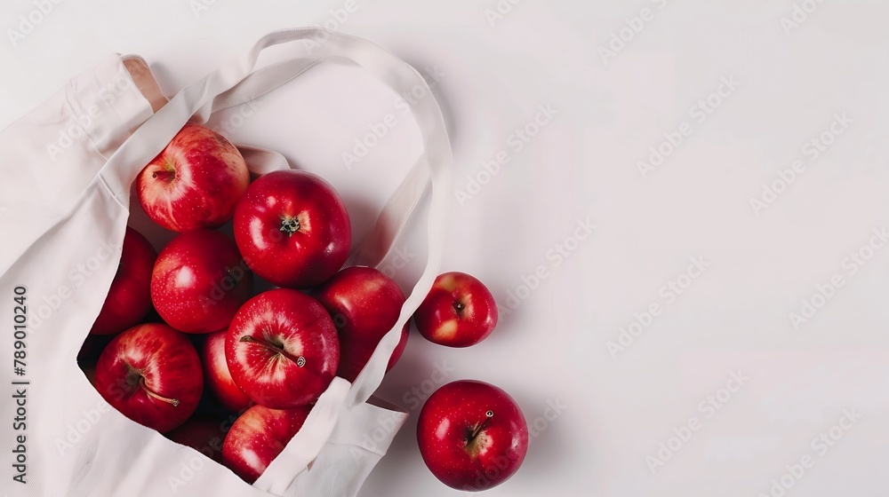 Aufkleber red ripe apples in shopping bag on white background autumn apple flat lay top view copy space autumn