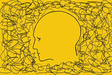 Silhouette of human head with tangled line outside. Illustration on yellow. Concept of personality disorder and depression, chaotic thinking, confusion, finding solution