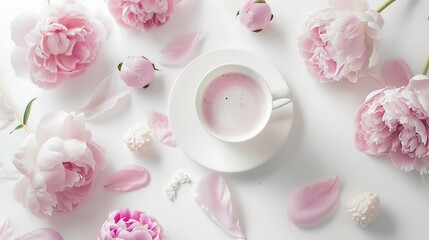 Obraz na płótnie Canvas Pink peonies coffee with milk and cute feminine accessories on the white background : Generative AI