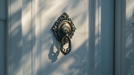 Close up of a door knocker on a white door : Generative AI