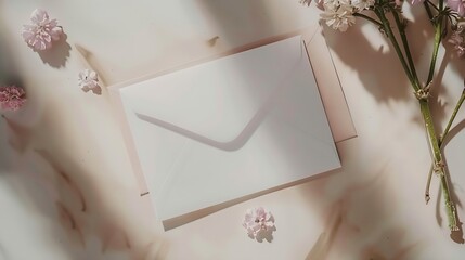 Blank invitation or greeting card mockup with flowers and envelope wedding card flat lay : Generative AI