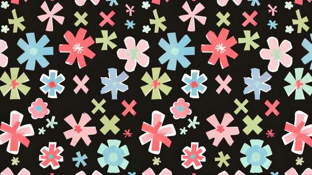 Pastel-colored floral motifs arranged in a regular pattern on a black background create a retro aesthetic. Pink, blue, yellow, and green flowers in soft hues intersect in a cross-like design. 