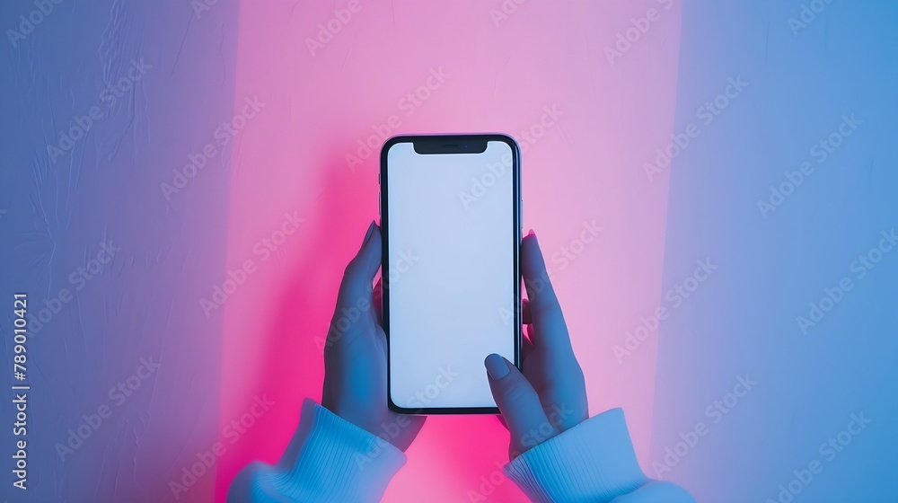 Poster flat lay hand using phone white screen on top viewbackground in pastel colorsclipping path inside : 