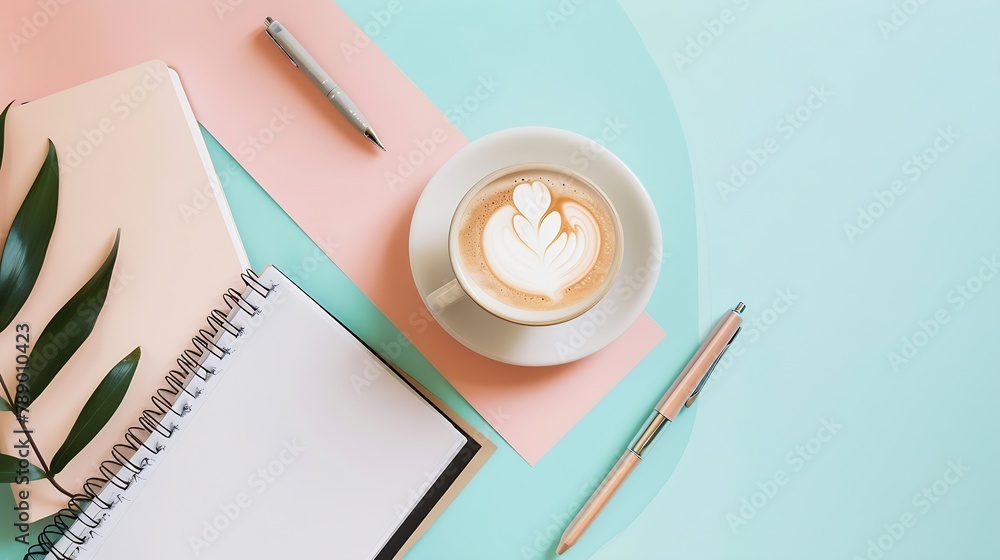 Poster Creative flat lay photo of workspace desk with stationery coffee and blank notebook with copy space background minimal styled : Generative AI