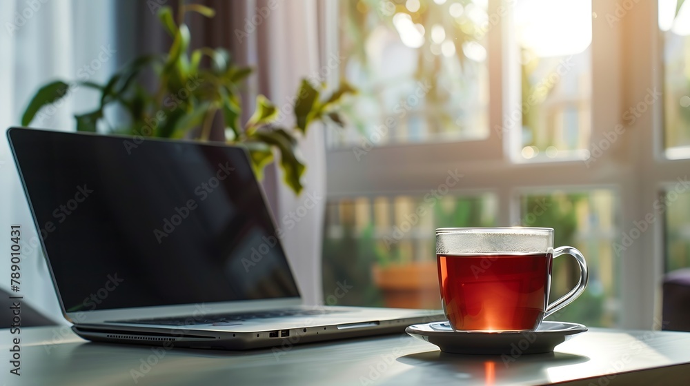 Poster home office concept designated work from home area near the window modern laptop with blurred screen