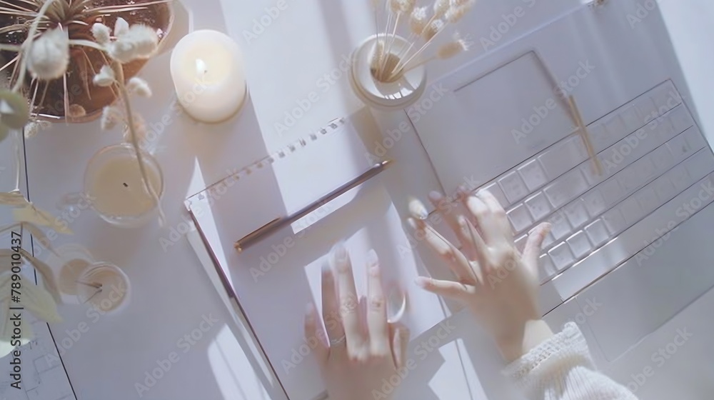 Poster workspace with laptop girls hands notebook sketchbook white vintage tray candlesticks on white backg