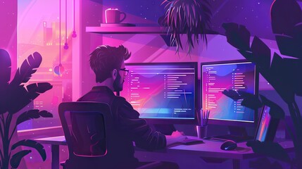 Remote software developer engaged in web design and programming with multiple screens – home office setup