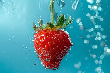 Strawberry under water. Water drops around fruits on blue background .