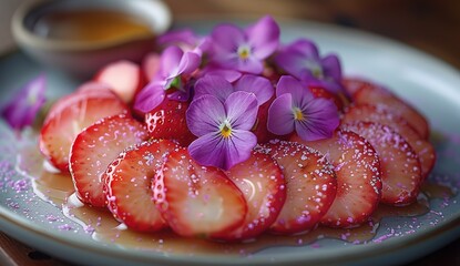 Close-up photo of fresh fruits on a white plate, green apple, and red strawberry slices with violet...