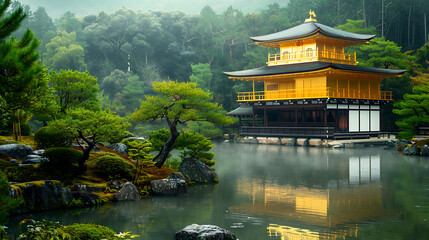 Serene Japanese temple nestled among lush greenery, embodying tranquility and tradition with ornate architecture and peaceful surroundings. Ideal for travel, culture, and mindfulness concepts - obrazy, fototapety, plakaty