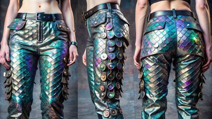 Imagine a pair of women's pants that embody the fusion of cyberpunk and post-apocalyptic styles. 
