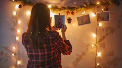 Young beautiful woman hangs a photos on a garland with light on the wall Bokeh girl in red checkered shirt comfort at home New Years mood Christmas decorations : Generative AI