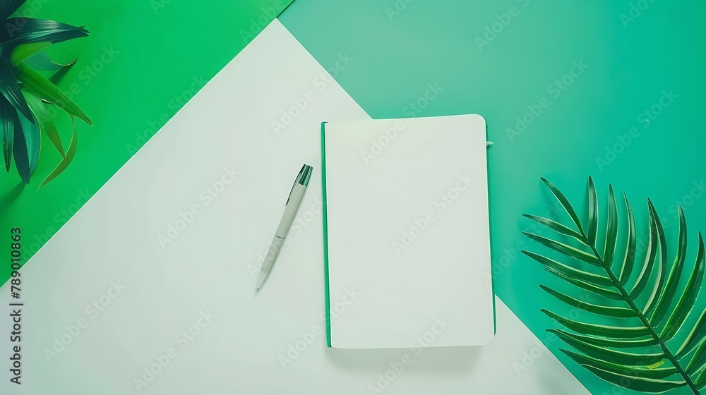 Poster office notebook with blank pages lying open on two tone or bicolor green and white background with l