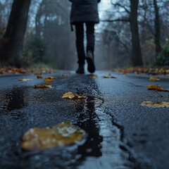 A person wearing a black jacket is walking on a wet road with leaves. The ground is covered in leaves and the scene is set in a forest.