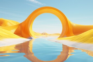 3d render, abstract fantastic desert landscape. Sunny day, clear blue sky, yellow sand dunes and water flat surface, mirror reflection, geometric round glass arches. Minimalist aesthetic wallpaper