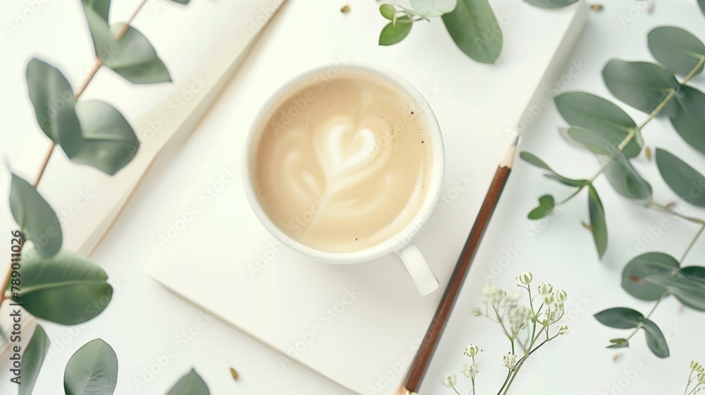 Poster cup of coffee with milk sketchbook pencil green leaves and dried flowers overhead view isolated on w