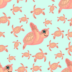 Half-drop Seamless Background with Cartoon Pink Turtles
