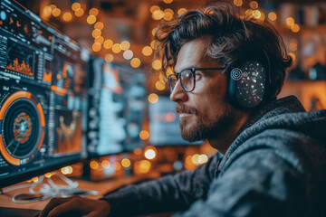 A man wearing glasses and headphones is sitting in front of a computer screen with multiple monitors. He is focused on the task at hand. - Powered by Adobe