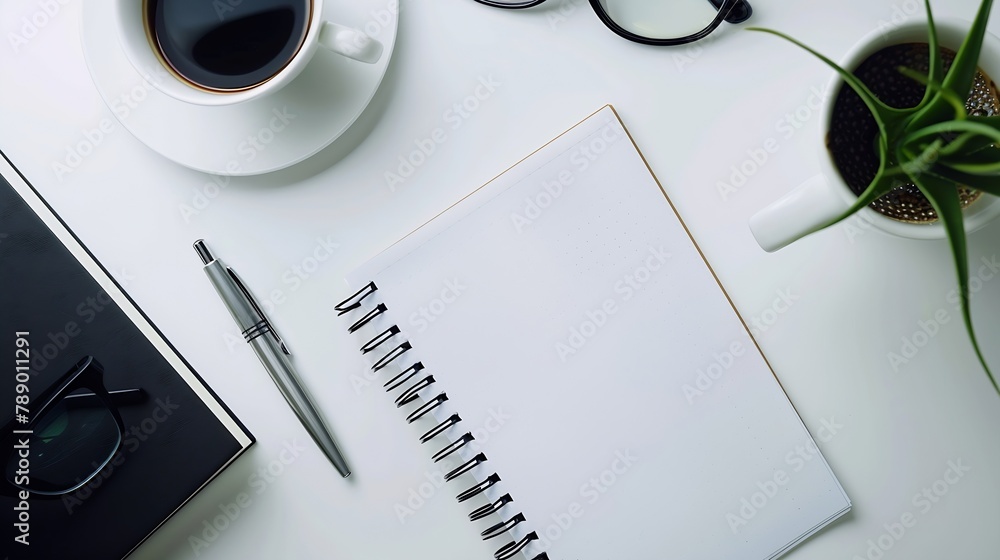 Poster Styled stock photography white office desk table with blank notebook computer supplies and coffee cup Top view with copy space Flat lay : Generative AI