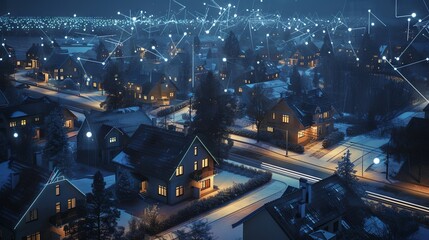 Suburban nightscape: smart homes interconnected in a digital community, showcasing IoT and DX...