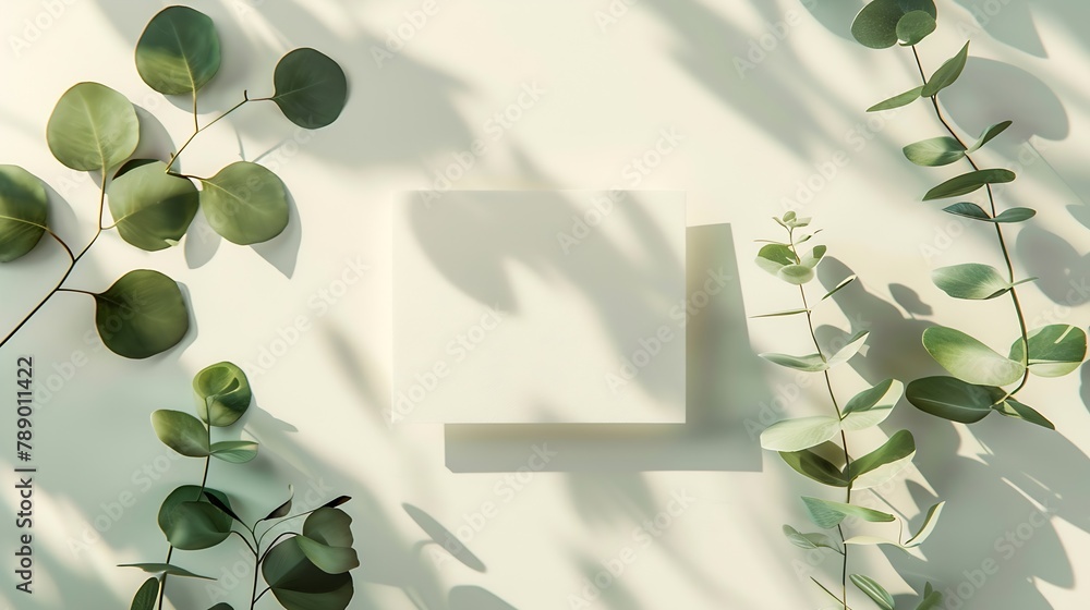 Aufkleber mockup invitation blank greeting card and green leaves eucalyptus flat lay top view : generative ai