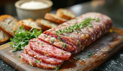 A long piece of meat with herbs on top of it