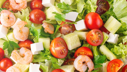 A close-up salad of fresh vegetables, a plate of fresh salad with vegetables and herbs. Greek salad with juicy tomatoes, feta cheese lettuce leaves green olives cucumber, fresh parsley. Homemade food