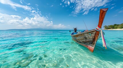 Colorful fishing boat near the transparent and clear turquoise water on a remote paradise island