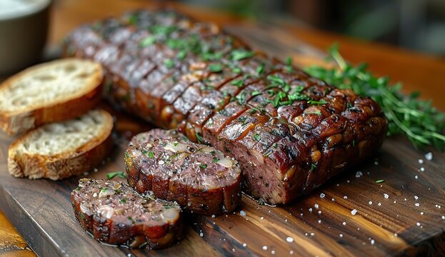 A sliced whole video of cold candied pork and sausage with two pieces cut off on the wooden board
