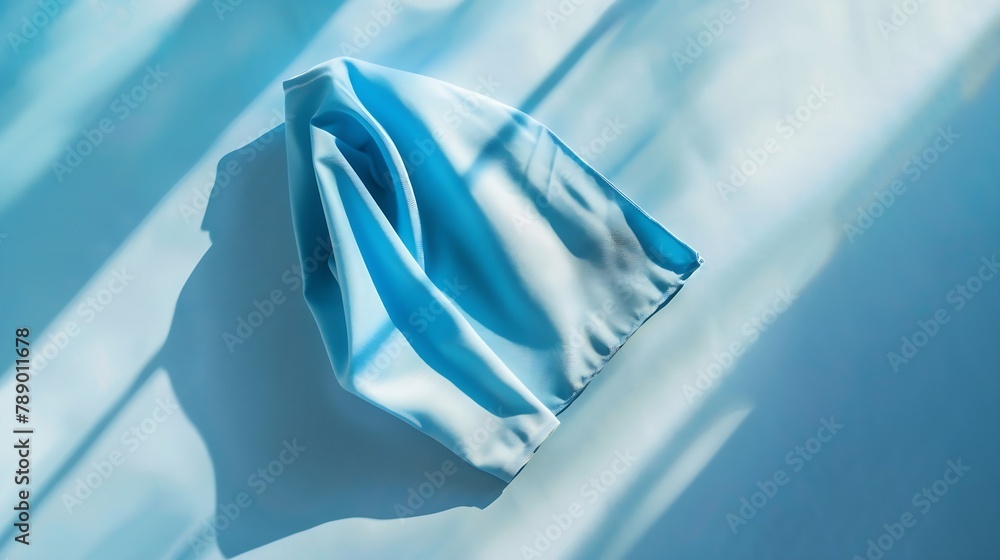 Poster top view with blue kitchen napkin isolated on table background Folded cloth for mockup with copy space Flat lay Minimal style : Generative AI