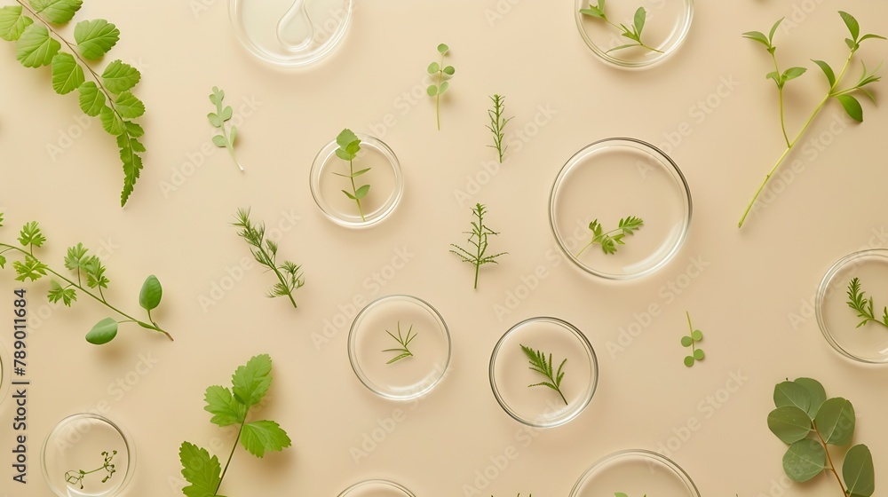 Poster flat lay composition with petri dishes and plants on beige background : generative ai
